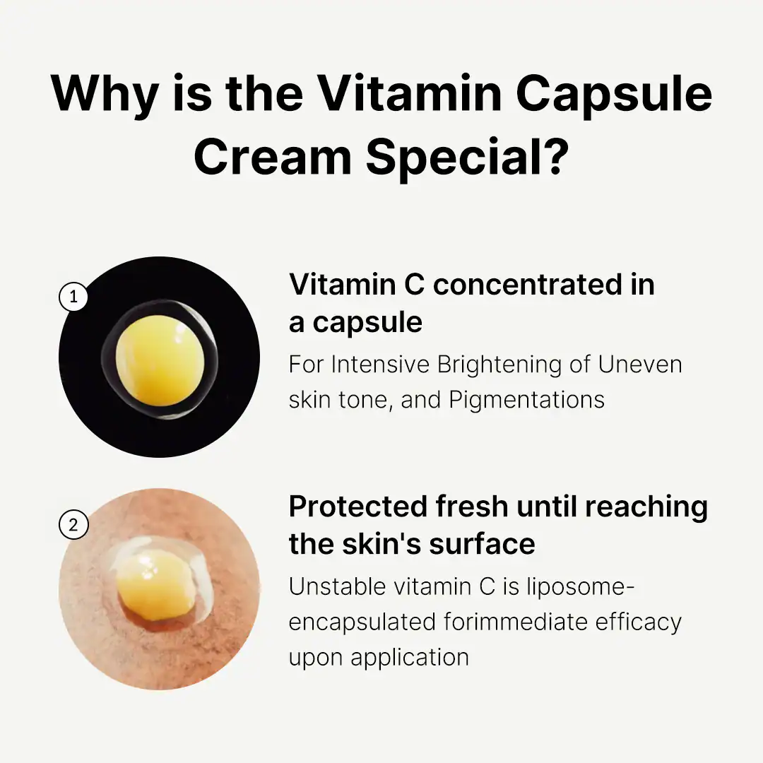 Crème en capsule vitaminée pour éclaircissement et antioxydants, soin de la peau.