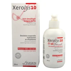 Flacon LYSASKIN XEROlys 10 émollient longue durée 200ml urée 10% pour peaux très sèches ichtyose avec actif URODIUM breveté - Packaging officiel