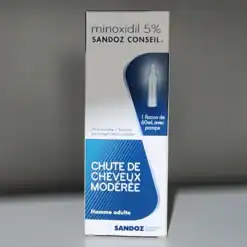 Solution MINOXIDIL 5% SANDOZ anti-chute cheveux alopécie 1 flacon 60ml avec pompe doseuse - Packaging officiel