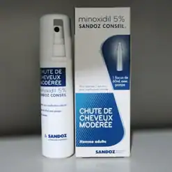 Solution MINOXIDIL 5% SANDOZ anti-chute cheveux alopécie 1 flacon 60ml avec pompe doseuse - Packaging officiel