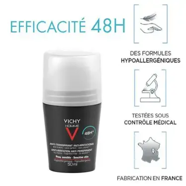 Vichy Homme Détranspirant Anti-Irritations Peaux Sensibles 48H Bille 50ml – Image 3